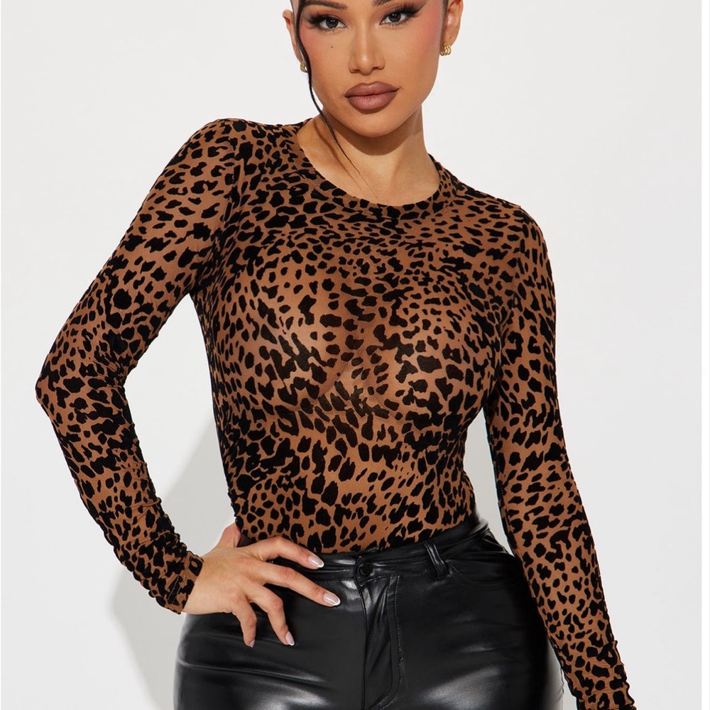 Leopard Print Long-Sleeve Mesh Top - Brown